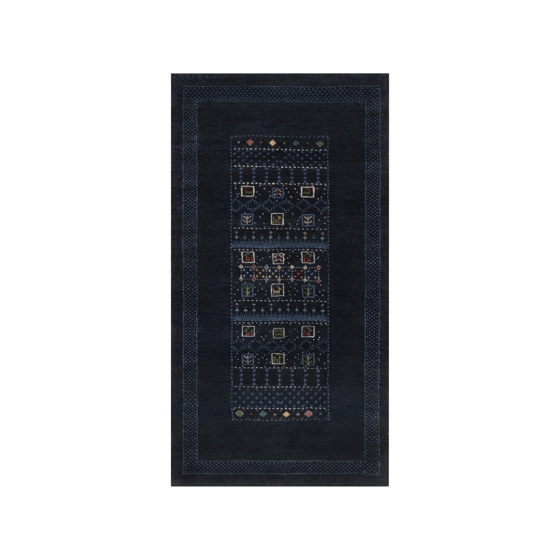 Midnight Blue, Lori Buft Gabbeh with Small Animal Figurines, Modern, Soft Wool, Hand Knotted, Thick and Plush, Sample, Mat, Oriental Rug